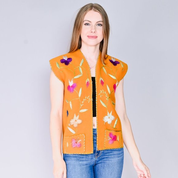 Vintage Jackets & Blazers - VINTAGE Embroidered Floral Pumpkin Color Felt Vest